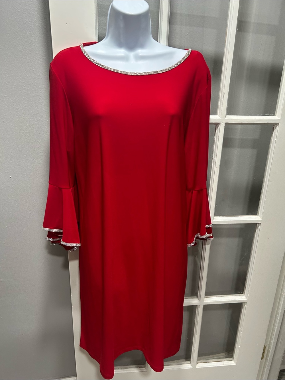 MSK Red Rhinestone-Trim Bell Sleeve Midi Dress